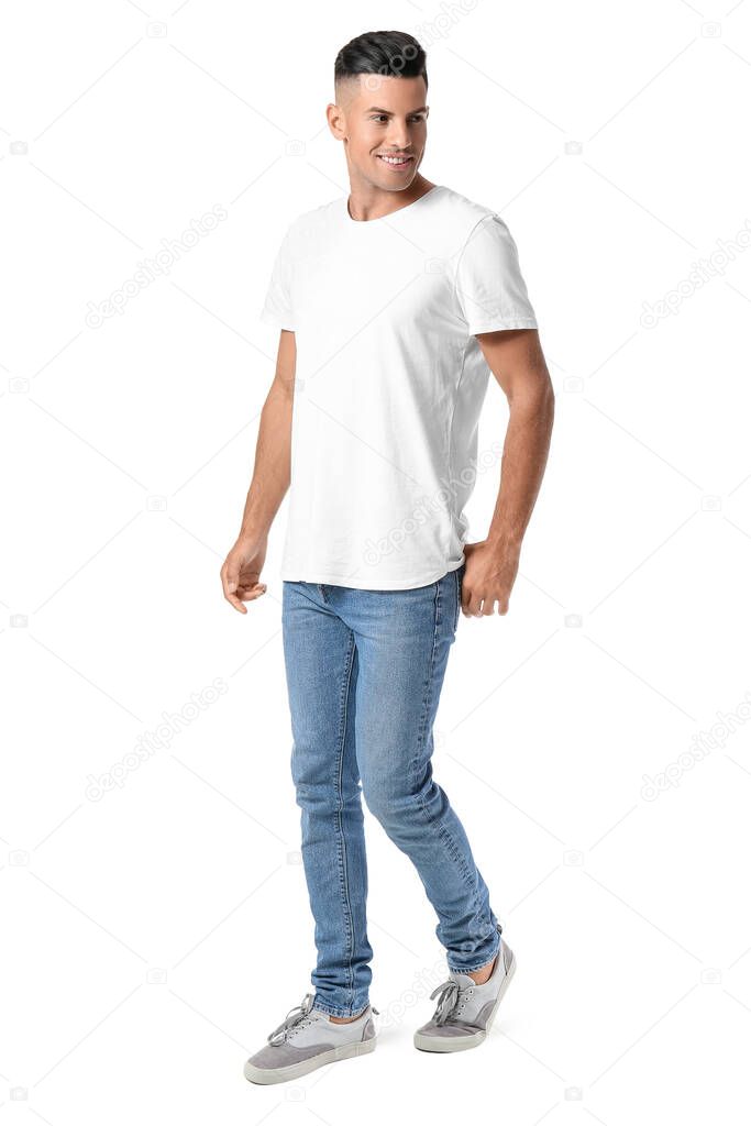 Handsome young man in stylish t-shirt isolated on white