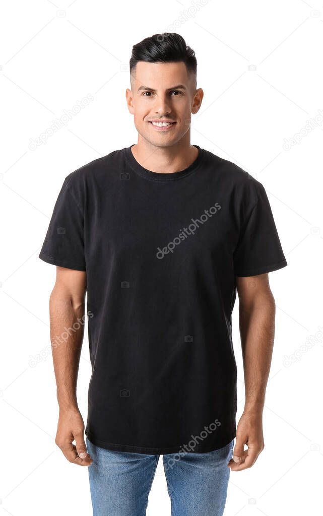 Handsome young man in stylish t-shirt isolated on white