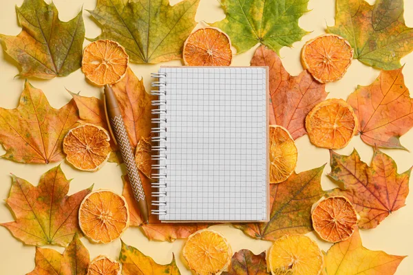 Anteckningsbok Med Penna Torkade Citronskivor Och Fallna Blad Beige Bakgrund — Stockfoto