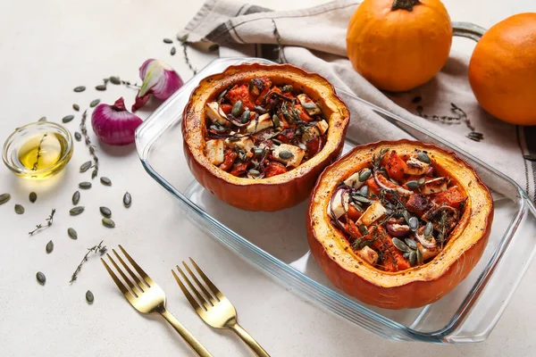 Baking Dish Tasty Stuffed Pumpkins Light Background — Stock Photo, Image