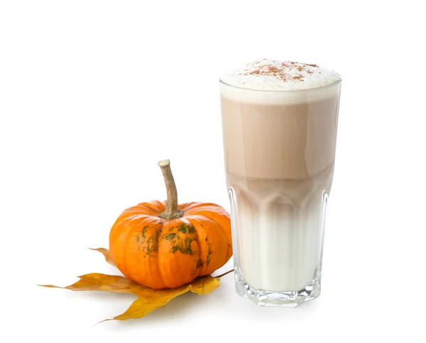Bicchiere Latte Zucca Saporito Sfondo Bianco — Foto Stock