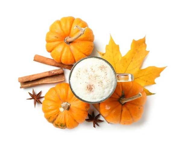 Glass Cup Tasty Pumpkin Latte White Background — Stock Photo, Image