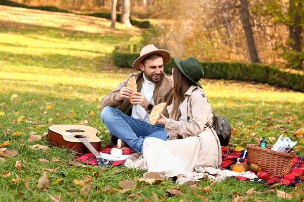 Gyönyörű Fiatal Pár Piknik Őszi Parkban — Stock Fotó