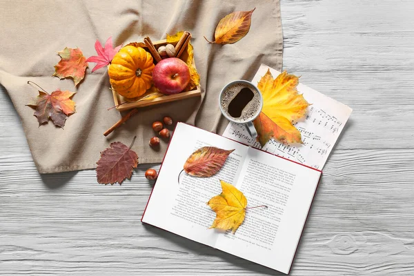 Composition Cup Coffee Book Autumn Decor Light Wooden Background — Stock Photo, Image