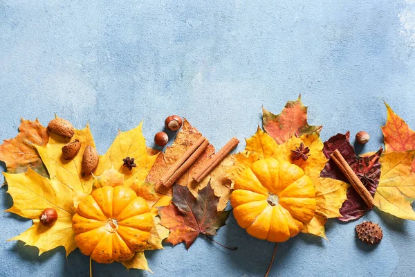 Beautiful Autumn Composition Autumn Leaves Ripe Pumpkins Color Background — Stock Photo, Image