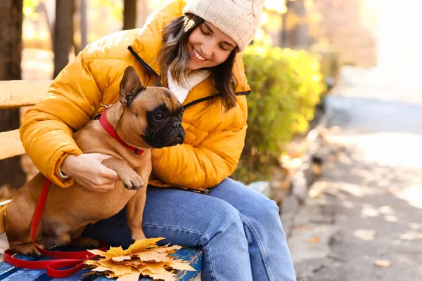 Young Woman Cute French Bulldog Autumn Park — Stock Photo, Image