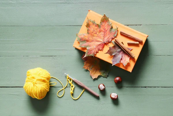 Composition Knitting Yarn Book Autumn Leaves Color Wooden Background — Stock Photo, Image