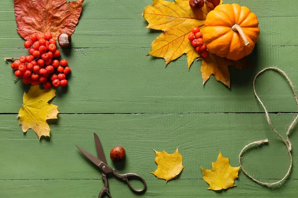 Composition Natural Forest Decor Pumpkin Scissors Color Wooden Background Closeup — Stock Photo, Image
