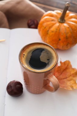 Bir fincan lezzetli balkabağı kahvesi ve tahta zemin üzerine boş bir kitap.