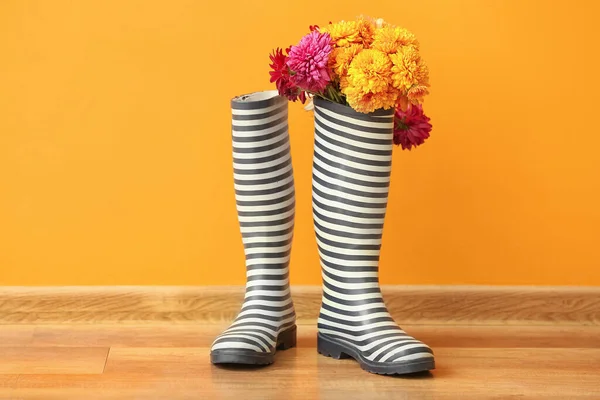 Para Stylowych Gumowych Butów Jesiennymi Kwiatami Podłodze Przy Ścianie Koloru — Zdjęcie stockowe