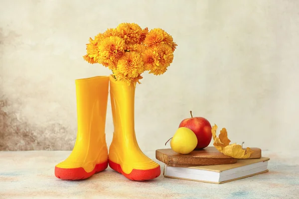 Rubber Boots Beautiful Chrysanthemum Flowers Apples Book Light Background — Stock Photo, Image
