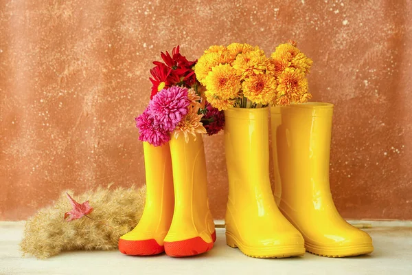 Stylish Rubber Boots Flowers Color Wall — Stock Photo, Image