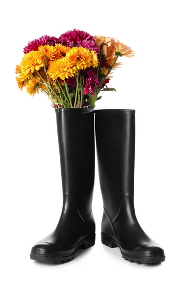 Rubber Boots Beautiful Autumn Flowers White Background — Stock Photo, Image