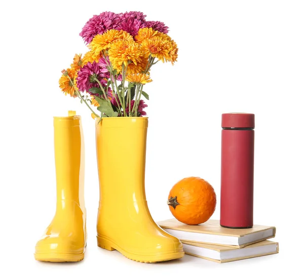 Rubber Boots Flowers Thermos Books Pumpkin White Background — Stock Photo, Image