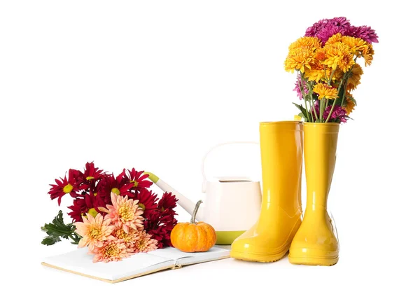 Composition Rubber Boots Flowers Book White Background — Stock Photo, Image