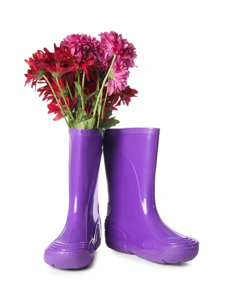 Rubber Boots Beautiful Autumn Flowers Isolated White Background — Stock Photo, Image