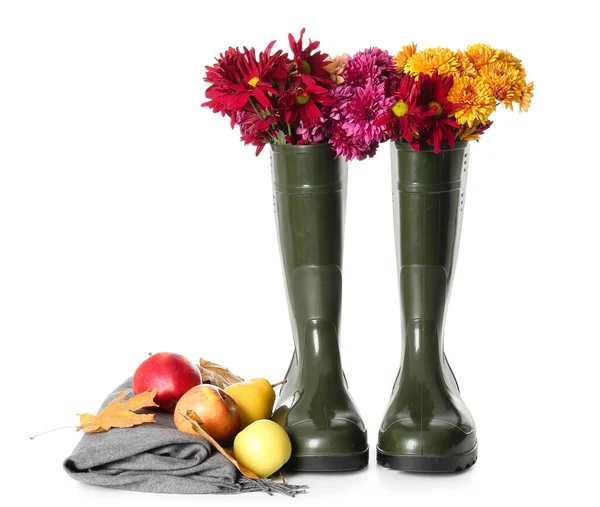 Rubber Boots Chrysanthemum Flowers Fruits White Background — Stock Photo, Image