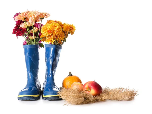Rubber Boots Chrysanthemum Flowers Apples Pumpkin White Background — Stock Photo, Image