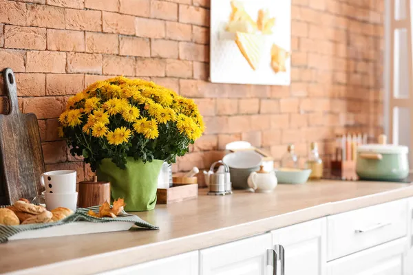 Maceta Con Hermosas Flores Crisantemo Mostrador Cocina — Foto de Stock