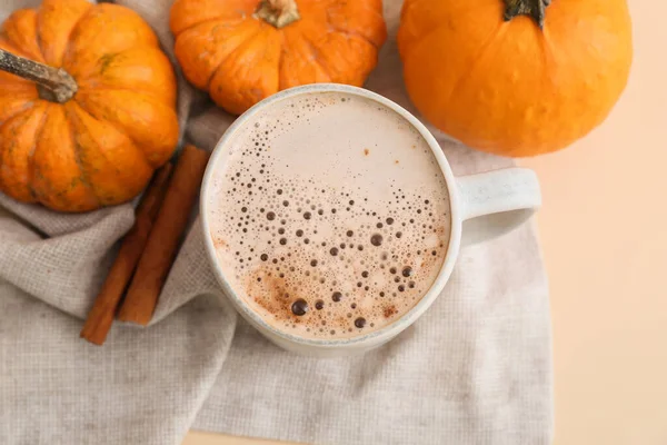 Cup Tasty Pumpkin Coffee Beige Background — Stock Photo, Image