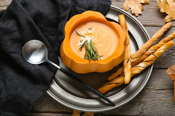 Tasty Soup Served Pumpkin Grissini Wooden Background — Stock Photo, Image