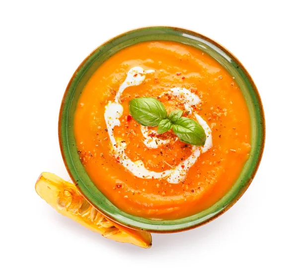 Bowl Delicious Pumpkin Cream Soup White Background — Stock Photo, Image