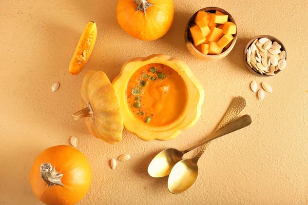Tasty Cream Soup Served Pumpkin Seeds Color Background — Stock Photo, Image