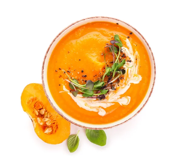 Bowl Delicious Pumpkin Cream Soup White Background — Stock Photo, Image