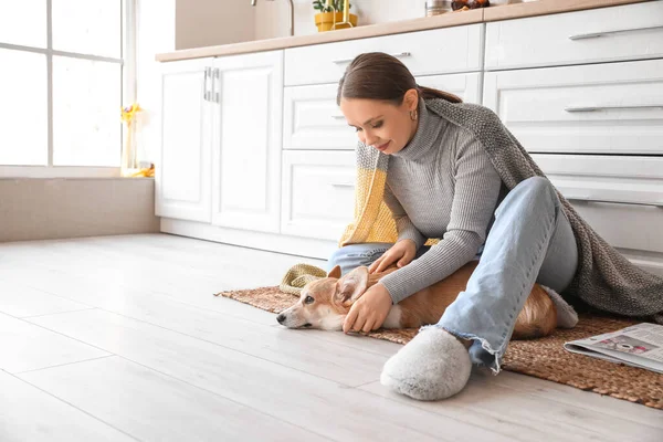 Jovem Com Xadrez Quente Bonito Cão Corgi Sentado Chão Cozinha — Fotografia de Stock