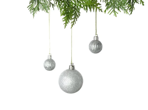 Zilveren Kerstballen Opknoping Naaldbomen Takken Tegen Witte Achtergrond — Stockfoto