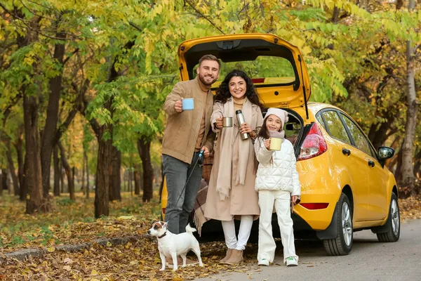 Happy Family Cute Dog Drinking Hot Tea Yellow Car Autumn — Stock Photo, Image