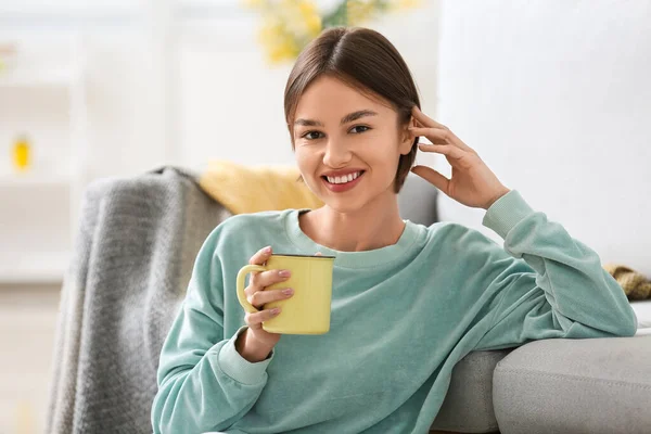 Beautiful Young Woman Drinking Tasty Tea Home — Stock Photo, Image