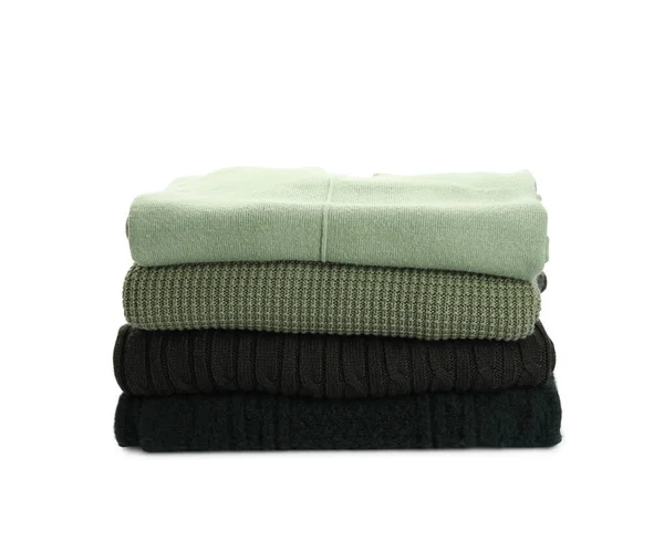 Stack Stylish Green Sweaters White Background — Stock Photo, Image