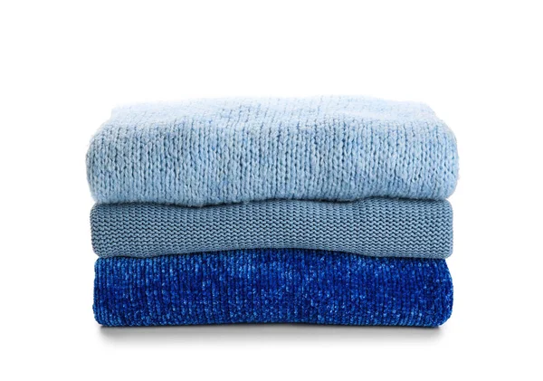Stack Stylish Blue Sweaters White Background — Stock Photo, Image