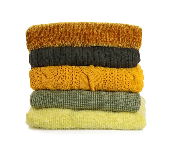 Stack Different Stylish Sweaters White Background — Stock Photo, Image