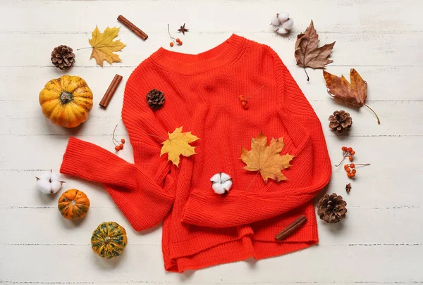 Stylish Sweater Cotton Flowers Autumn Decor Light Wooden Background — Stock Photo, Image