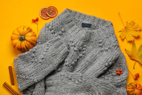Stylish Sweater Autumn Decor Color Background Closeup — Stock Photo, Image
