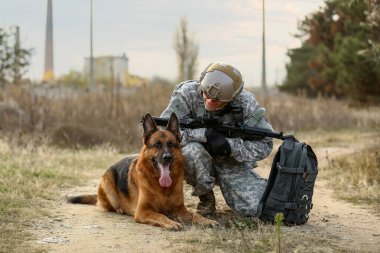 Askeri çalışan köpek açık havada asker