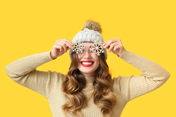 Happy Woman Closing Eyes Beautiful Snowflakes Yellow Background — Stock Photo, Image