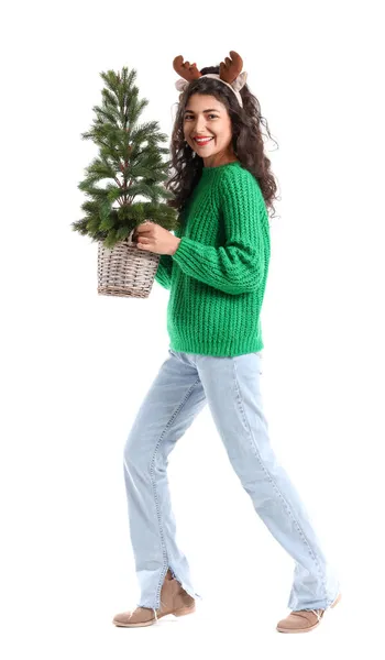 Vacker Promenader Ung Kvinna Med Julgran Vit Bakgrund — Stockfoto