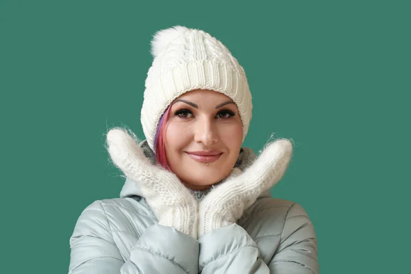 Woman Winter Clothes Color Background — Stock Photo, Image