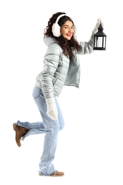 Bella Camminando Giovane Donna Con Lanterna Sfondo Bianco — Foto Stock