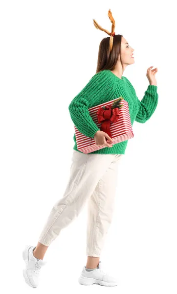 Beautiful Walking Young Woman Christmas Gift White Background — Stock Photo, Image