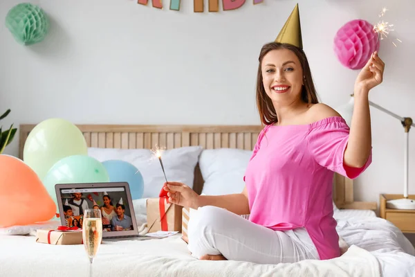 Young Woman Celebrating Birthday Home Due Coronavirus Epidemic — Stock Photo, Image