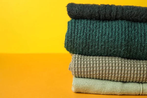 Stack Warm Sweaters Color Background Closeup — Stock Photo, Image