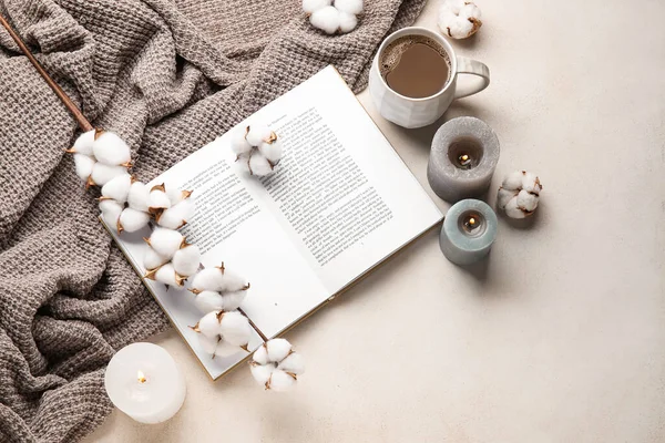 Cup Coffee Burning Candles Opened Book Beautiful Cotton Flowers Light — Stock Photo, Image