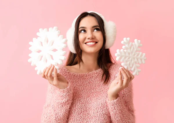 Beautiful Woman Earmuffs Snowflakes Pink Background — Stock Photo, Image