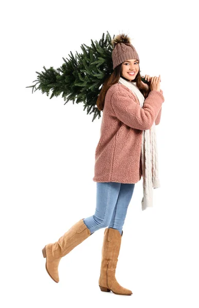 Mooie Wandelende Jonge Vrouw Met Kerstboom Witte Achtergrond — Stockfoto