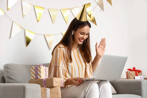 Young Woman Celebrating Birthday Home Due Coronavirus Epidemic — Stock Photo, Image