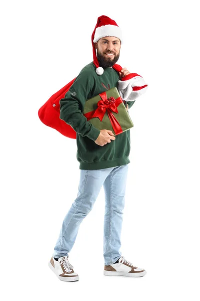 Walking Man Santa Bag Christmas Gift White Background — Stock Photo, Image